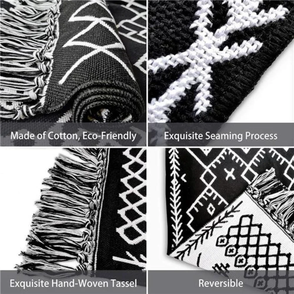Upgraded Boho Bathroom Rug 2'x3',100% Woven Boho Rug for Bedroom Black White Rug